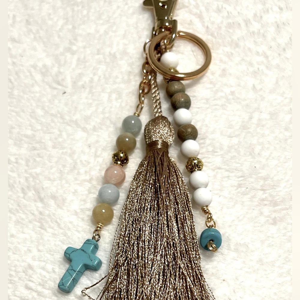 Bag charm - tassel, Mix gemstones and wooden beads, turquoise cross - Picture 3 of 4